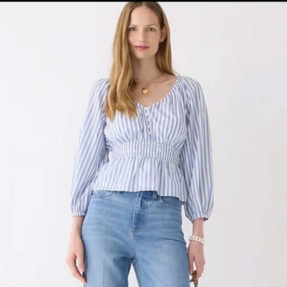 J Crew | V-neck smocked-waist top in stripe cotton lawn NWOT